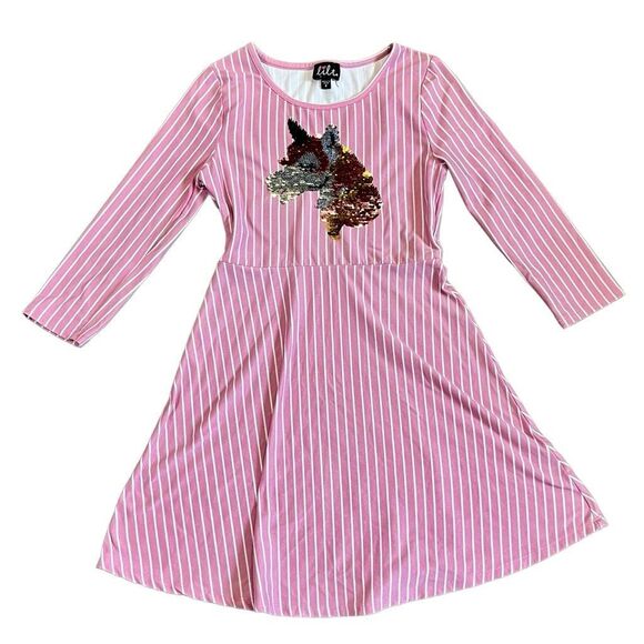 Lilt Girl’s Pink Striped Sequined Unicorn Dress Size 8 - Picture 1 of 9